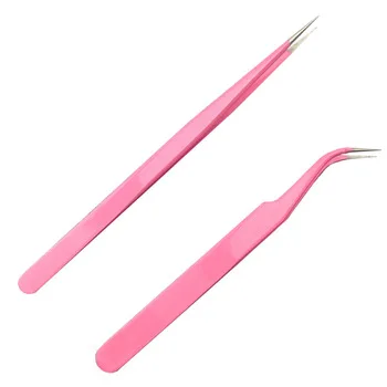 2 Pieces Good Quality Pink Eyelash Straight Curved Nail Art Tweezers Tool For Picking Rhinestones Gem Tools + Free Shipping