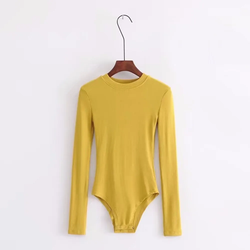 yellow Черно-белый боди с длинным рукавом для женщин, весна-осень, боди с О-образным вырезом, высокая улица, бодикон, базовое боди, женский комбинезон AS109 - Цвет: yellow