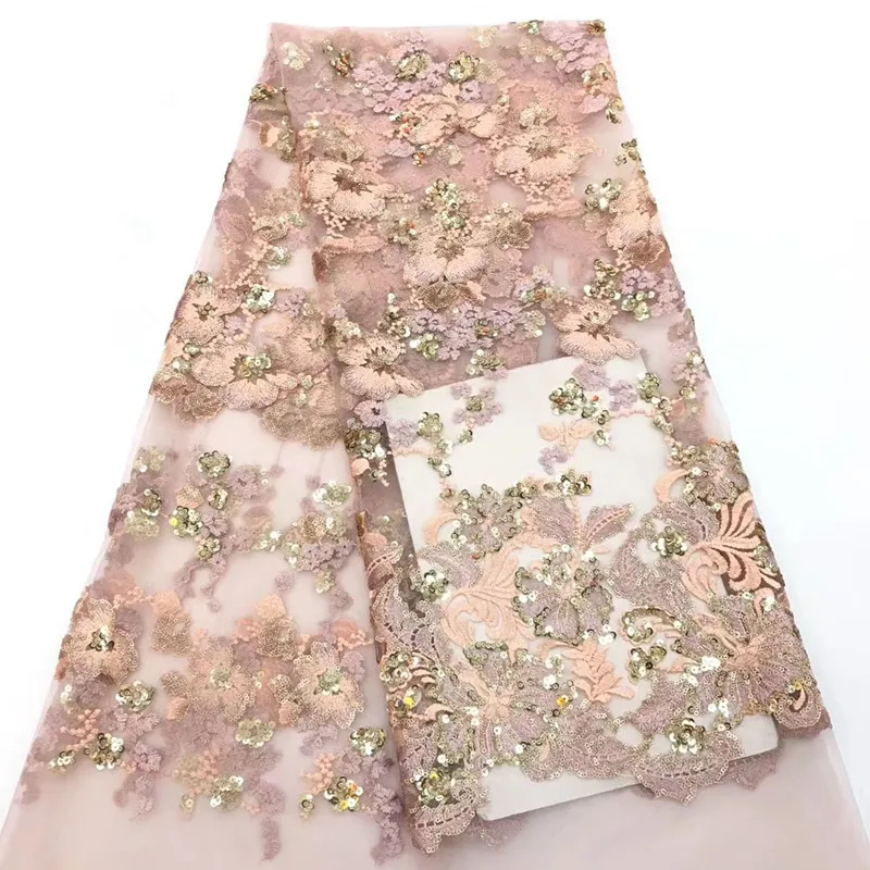 

NEW Peach/Pink 2019 Bridal Tulle Fabric 5 Yards High Quality African Net Lace High Quality Embroidery French Sequins Lace X1490