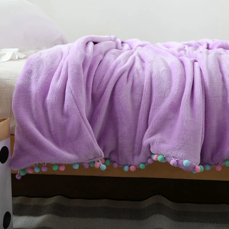 Light purple solid color fleece blanket for adults,pompom throw blanket on the bed,multi size