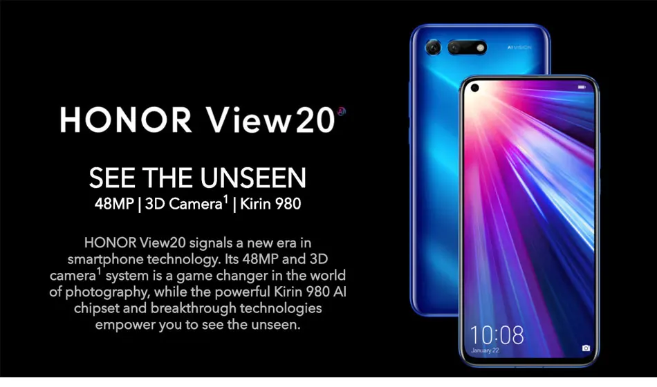 Оригина honor V20 4G, мобильный телефон с функцией 6/8GB Оперативная память 128/256 ГБ Встроенная память 6," Kirin 980 Octa Core Andorid 9 Быстрая зарядка вид 20 NFC Смартфон