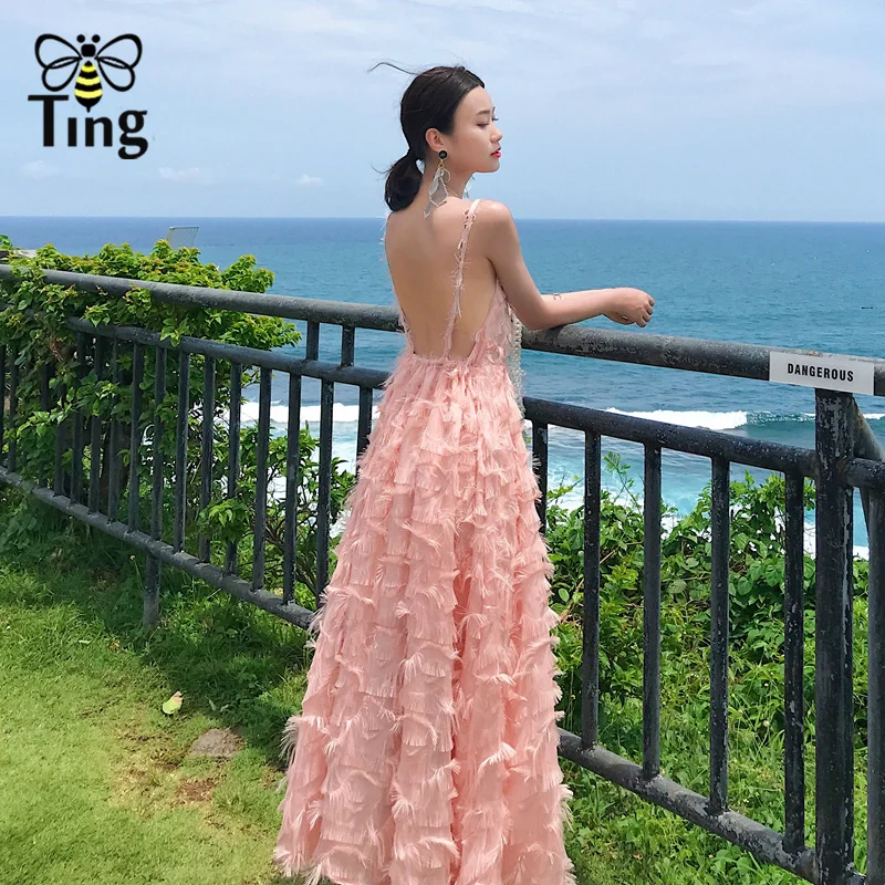 

Tingfly Fashion Summer Beach Style Maxi Dress Women Elegant V neck Pink/white Feather Tassel Long Dress Sexy Backless Vestidos