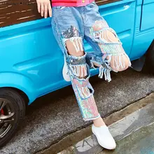 WHITNEY WANG весна лето мода уличная рваные джинсы с блестками женские стильные джинсовые брюки