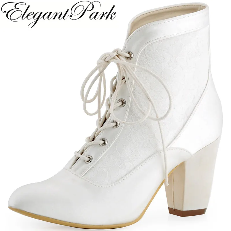 Женские зимние ботинки Свадебная обувь для невесты женские атласные туфли-лодочки на не сужающемся книзу массивном каблуке, на шнуровке, с острым носком, белого цвета и цвета слоновой кости; HC1528