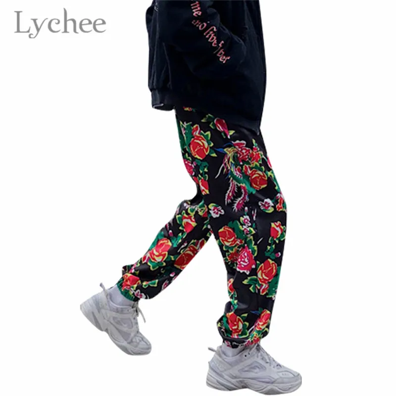 

Lychee Harajuku Peony Flower Print Women Jogger Pants Elastic Waist Pocket Female Pants Casual Loose Sporting Pants Trousers