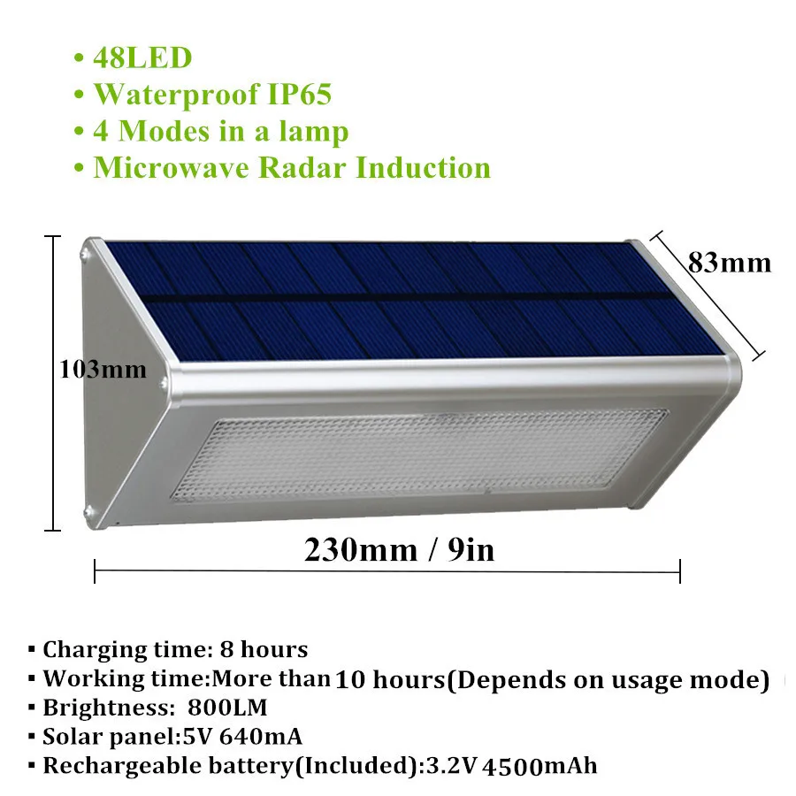 Светильник с солнечным датчиком, с помощью радара, для безопасности движения, 48 светодиодный, высокий светильник, садовый, водонепроницаемый, солнечный светильник, уличный алюминиевый светильник