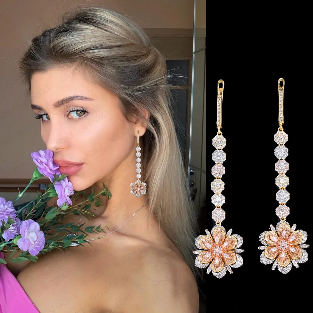 

GODK 80MM Luxury Flower Long Dangle Earrings For Women Wedding Full Micro Cubic Zircon Crystal CZ Dubai Bridal Big Drop Earrings