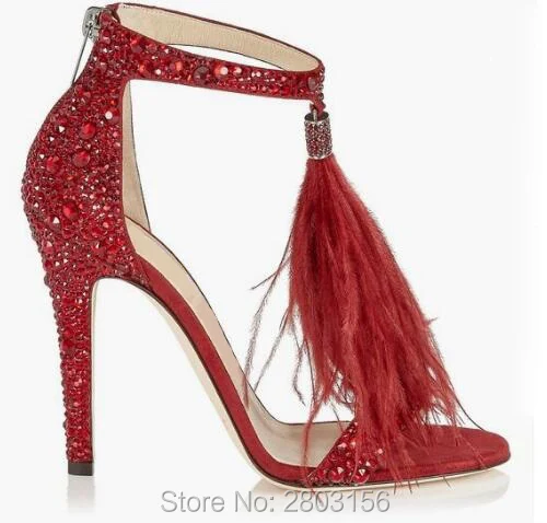 Fashion Crystal Embellished High Heel Sandals With Red Feather Fringe Rhinestone Bridal Wedding Shoes For Women | Обувь