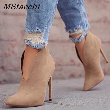 

MStacchi Ladies New High Heel Boots V-Neck Simple Style Party Prom Casual Shoes Solid Pointed Toe Thin High Heels Shoes Woman