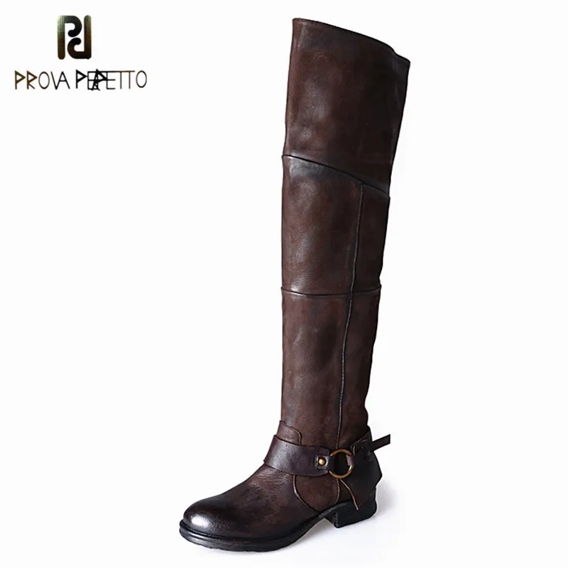 

Prova Perfetto 2018 New Design Handsome Sheepskin with Rivet Over The Knee Boots Thick Heel Lace up Casual Long Boots Martin