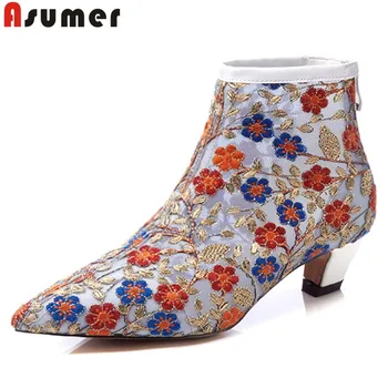 

ASUMER big size 33-42 fashion summer shoes woman pointed toe zip mesh ankle boots women embroider ladies prom shoes