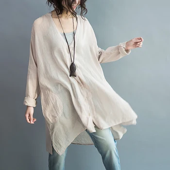 

Plus Size Big women Chinese Style women's casual Shirt big V collar size long sleeved cotton loose shirt washed the thin
