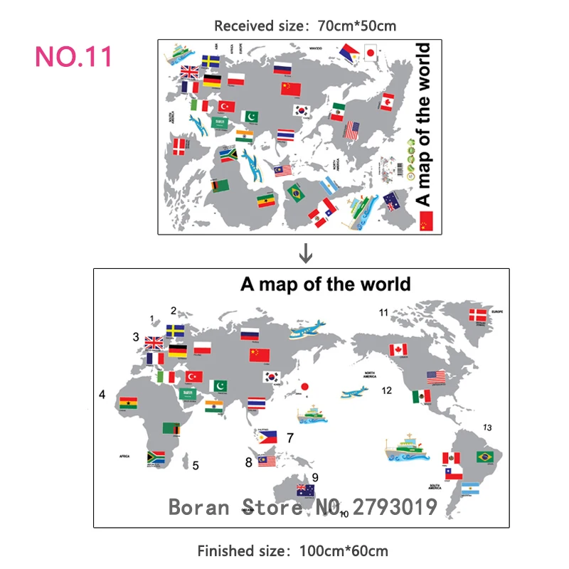 11 видов большая карта мира Наклейка на стену s мультяшная карта домашний декор для детской комнаты виниловые DIY наклейки на стены для путешествий круглый мир наклейка - Цвет: NO.11