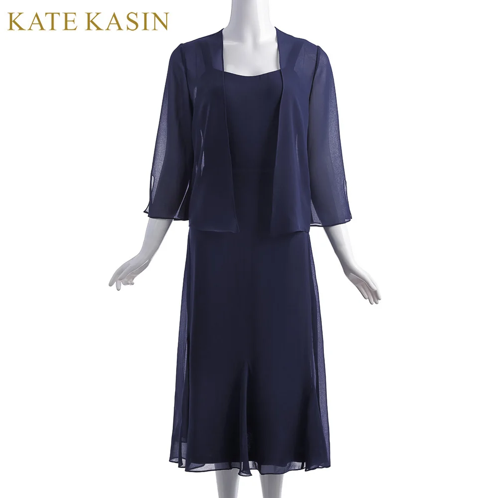 Kate Kasin для женщин 2 шт. Комплект шифон Вечерние платья открытой передней куртка Чай Вечерние вечернее платье темно синие мать невесты