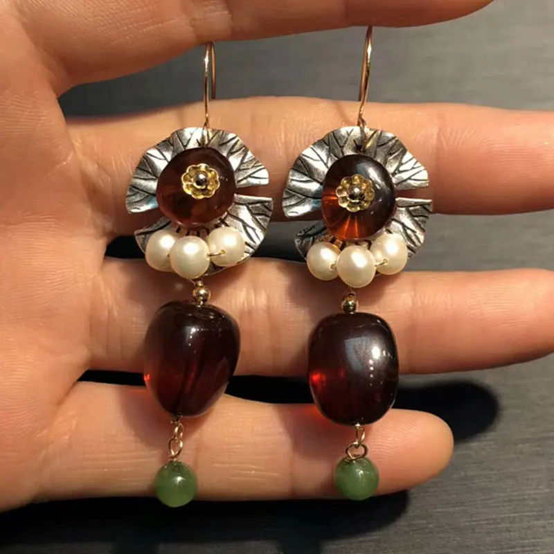 

RADHORS Earring Genuine 925 Sterling Silver inlay 100% Natural Amber Earring for Women Classic Style Fine Jewelry