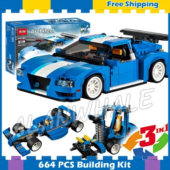 

664pcs 3in1 Creator Turbo Track Racer Forklift Truck Cool Blue Racer 3119 Model Building Blocks Gifts sets Compatible with Lago