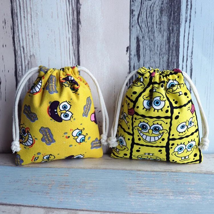 IVYYE 14 or 17CM SpongeBob Cartoon Drawstring Bags Canvas Storage Handbags Makeup Bag Coin Bundle Pocket