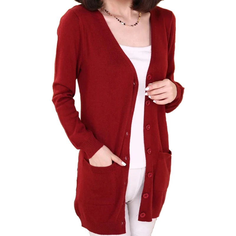 Spring New Fashion Women Wool Medium long Cardigan Cashmere Material Pure Colour Knitting Loose Sweater with Pocket