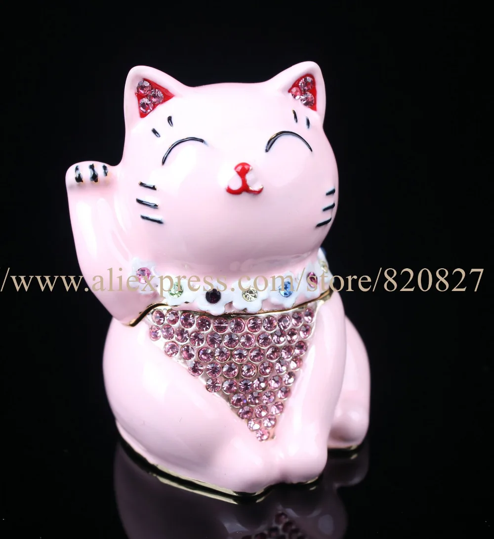 

Hinged Jeweled Trinket Box Cute Japan Lucky Cat Jewelry Earring Holding Box