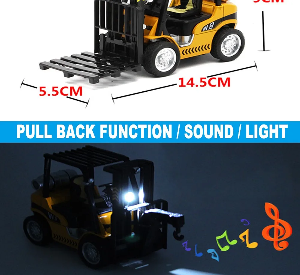 Горячая Распродажа, 14 см длина литья под давлением, сельскохозяйственная модель вилочного погрузчика, Детские Игрушечные Машинки с функцией вытягивания/музыка/светильник/
