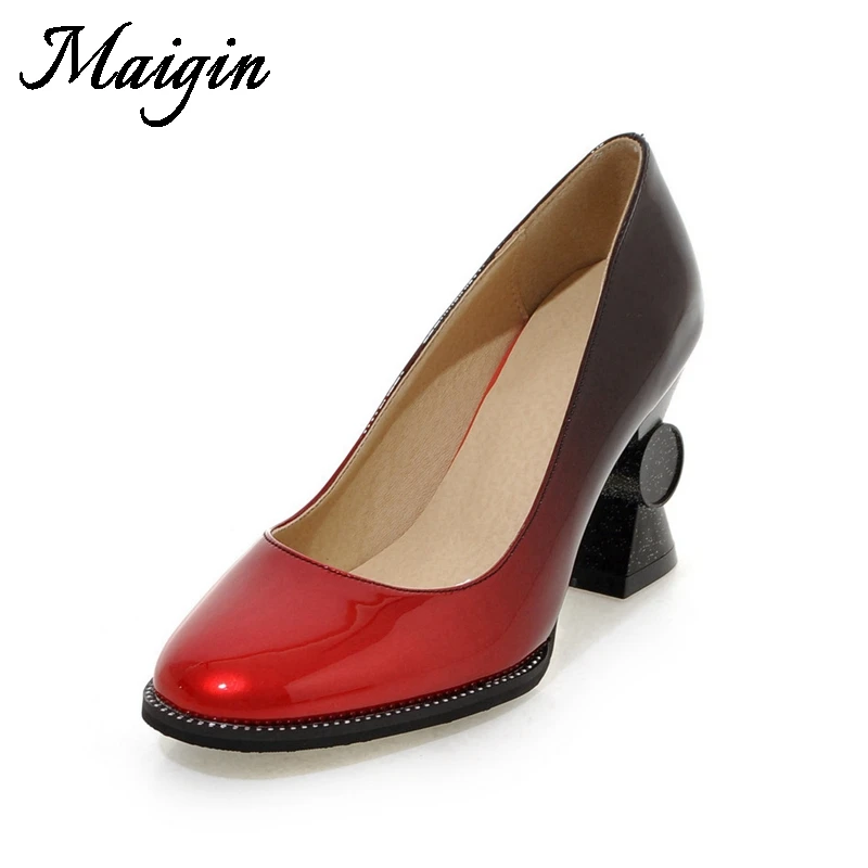 Maigin High Heels Women Stiletto Fashion Pumps 2018 Square Toe Slip-on Footwear Big Size 34-43 Patent Leather Female Shoes