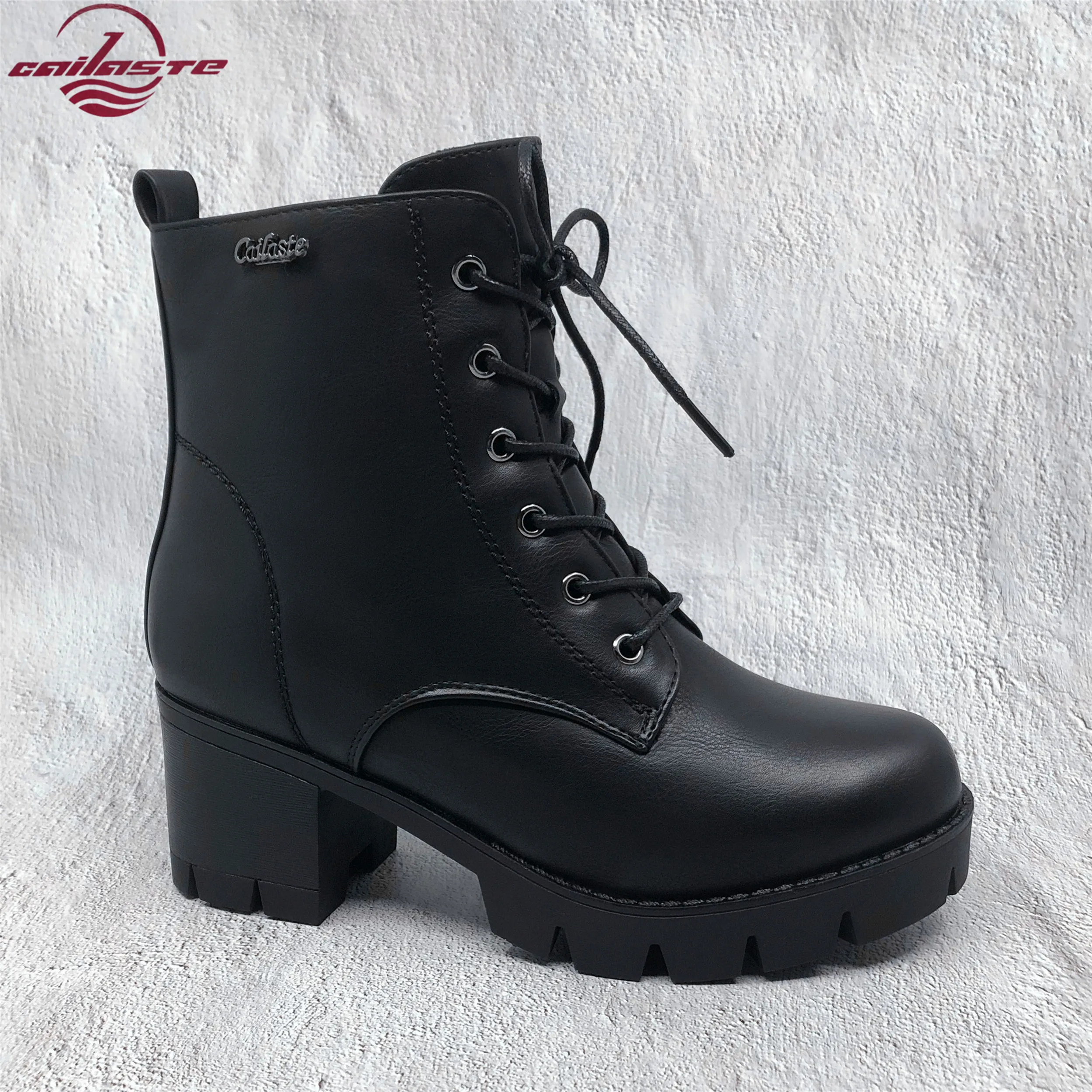 

CAILASTE Shoes women High heels Ankle boots Small size Lace up Zipper Round toe Platform Black Leather Fur plush velvet insole