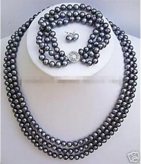 

Free shipping hot sale Women Bridal Wedding Jewelry >>PRETTY 3 ROW BLACK CULTURED PEARL NECKLACE BRACELETS EARRINGS JEWELRY SET