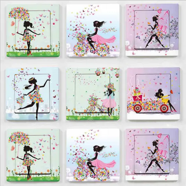 2pcs Beautiful Girl Butterfly Flower Switch Sticker Art Wall Sticker Home Decor for Kids Room Nursery Home Decoration Decals