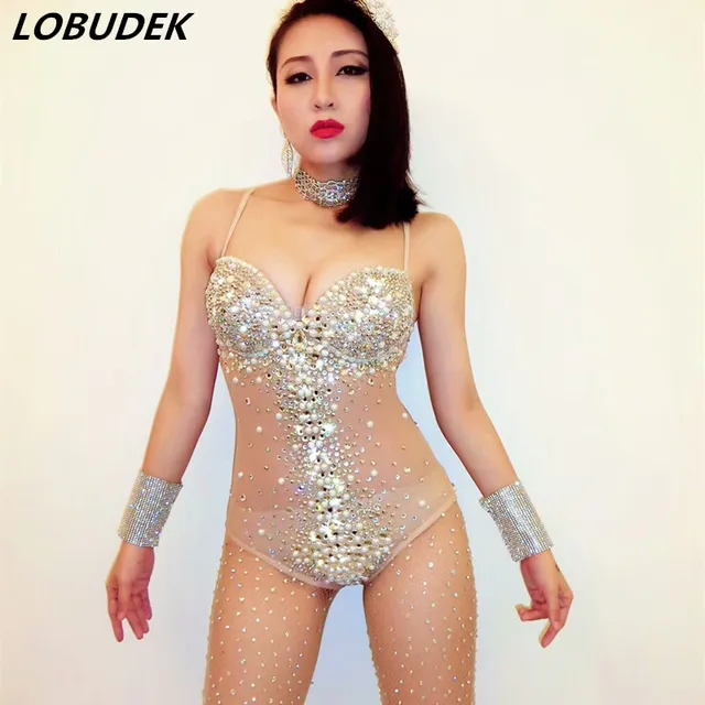 Full Diamond Sexy Backless Bodysuit Sparkly Crystals Leotard Catsuit