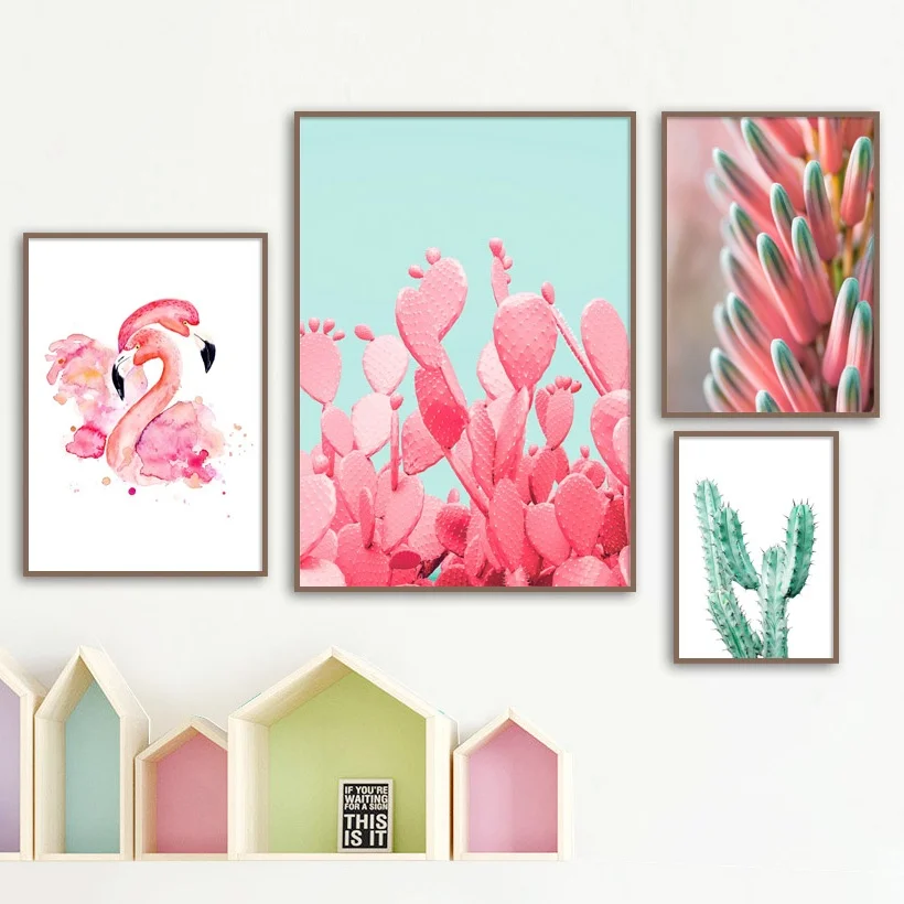 

Pink Cactus Flamingo Flower Plant Wall Art Canvas Painting Nordic Posters And Prints Wall Pictures For Living Room Home Decor
