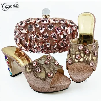 

Excellent peach with stones design sandal shoes with purse handbag set for lady QSL007 heel height 9cm