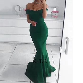 

Simple Green Mermaid Long Evening Dress Off The Shoulder Boat Neck Elastic Satin Prom Gown 2019 Custom Made Wedding Party Dress