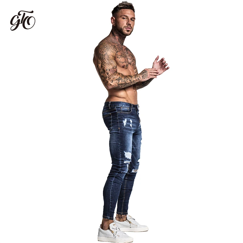 Gingtto Men's Skinny Stretch Repaired Jeans Dark Blue Hip Hop Distressed Super Skinny Slim Fit Cotton Comfortable Big Size zm34