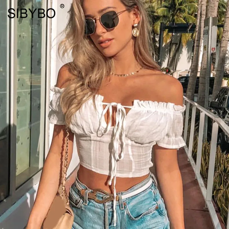 

Sibybo Off Shoulder Ruffles Sexy Women Tops Drawstring Strapless Slim Summer Tank Top Women Beachwear Crop Top Ladies