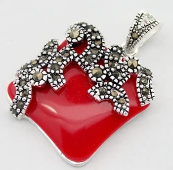 

925 STERLING SILVER & MARCASITE INLAY NATURAL IMITATION RED CORAL PENDANT 20*20mm
