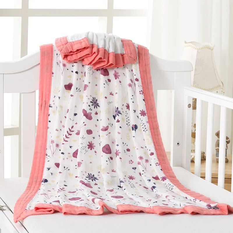 4 слоя 125*125 см детское одеяло для новорожденных бамбуковая хлопковая муслиновая пеленка обертывание одеяло зимнее детское постельное белье простыня банное полотенце - Цвет: Purple flower