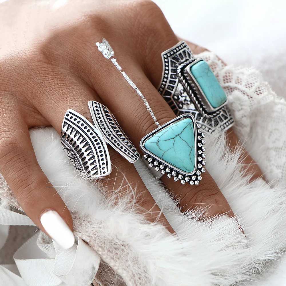 

Fashion 3 pcs/Set Big Created Stone Vintage Silver Color Big Ring Set Red Faux Stone Gold Color Rings For Party Women Jewelry