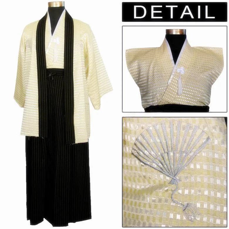Бежевые желтые винтажные японские мужские атласные полиэфирные кимоно воина юката Haori Один размер B-0001