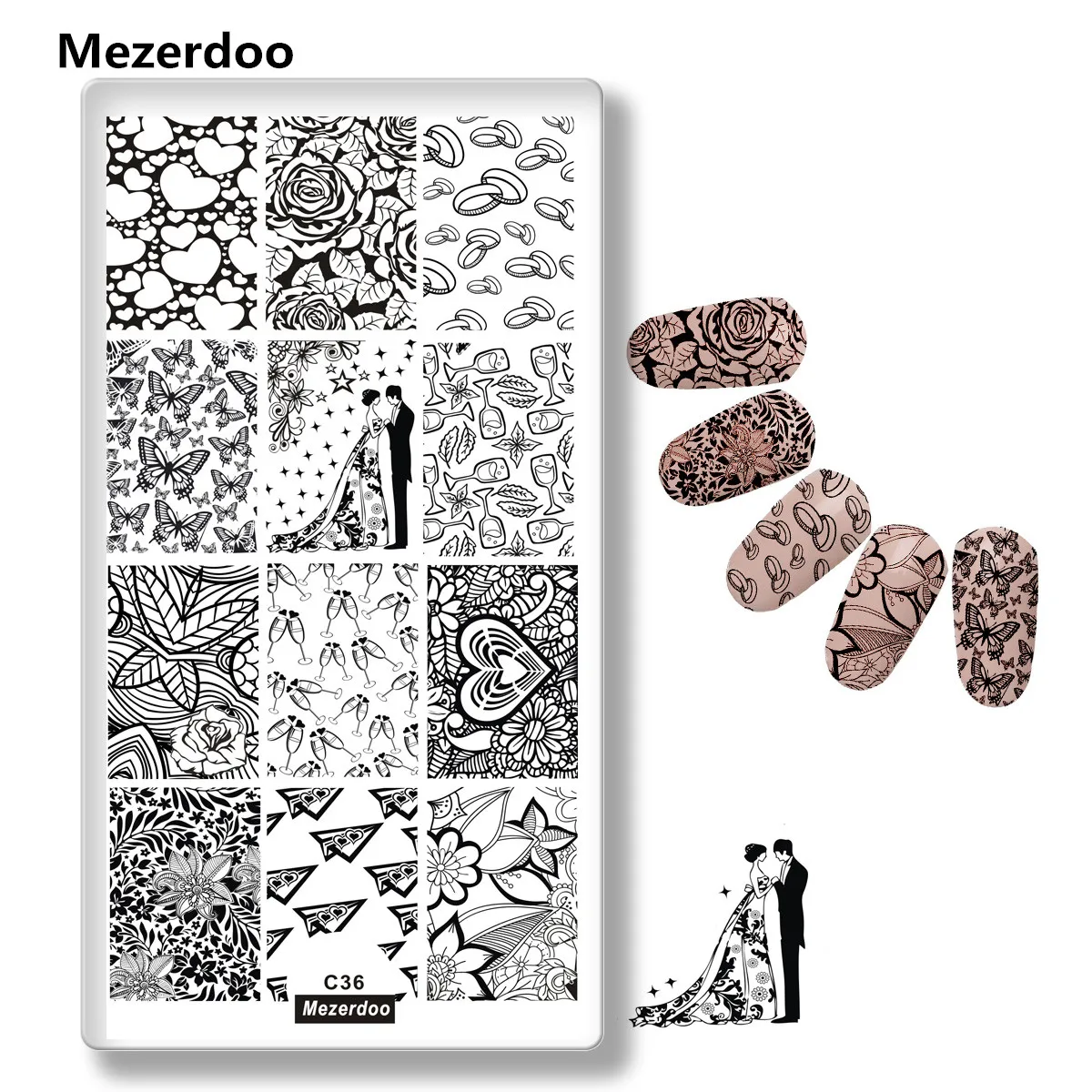 

Mezerdoo Valentine'day Stencil Template Wine Glass Dating Rings Love Gifts Image Stamp Plate Beauty Nail Art C36