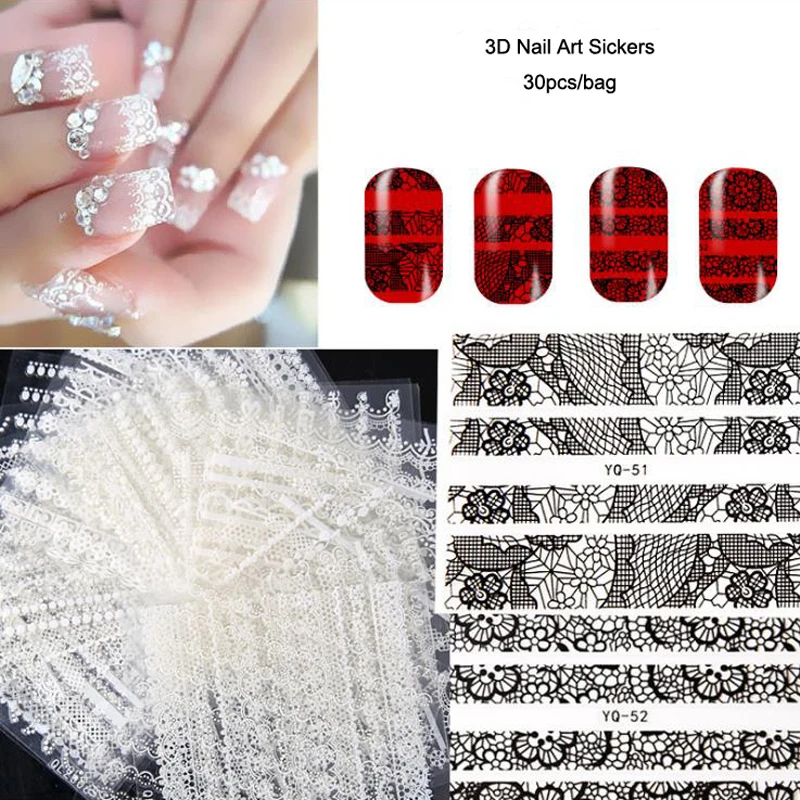 30 листов/лот белый и черный стикеры 3D на ногти Nail Art Переводные фольга переводные наклейки Кружева наклейки для ногтей DIY Маникюр украшения для ногтей Инструменты