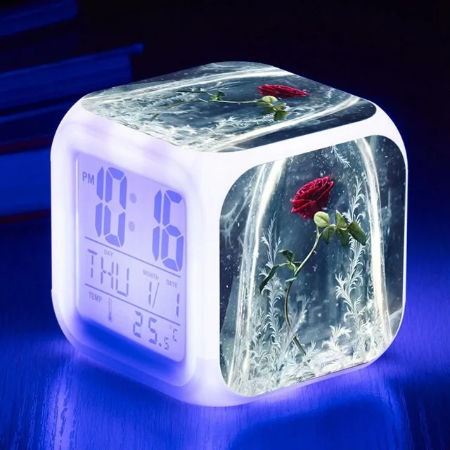 Red Rose flower Alarm Clocks 7 color Glowing LED Color Change Digital