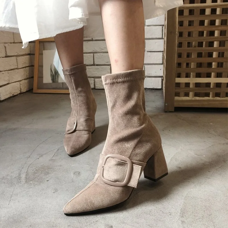 

MCCKLE Autumn Shoes Woman Suede Mid Calf Boots Pointed Toe Buckle Ladies High Heels Botas Slip On Female Solid Fashion Shoes