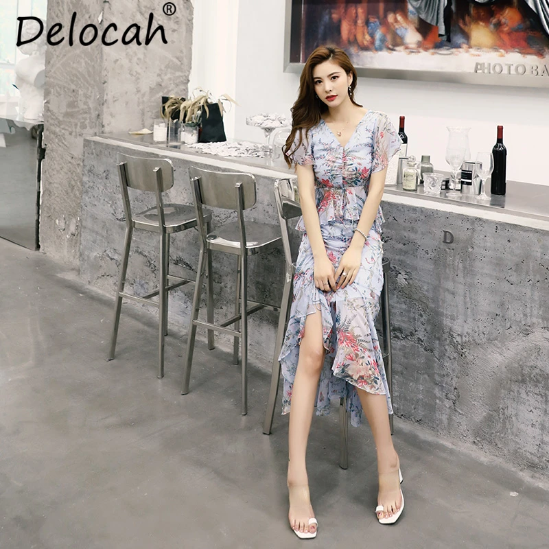 

Delocah Women Summer Vintage Suits Runway Fashion Designer Sexy V-Neck Ruffles Tops+ Mesh Overlay Elegant Skirt Two Pieces Set