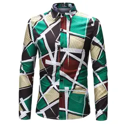 Для мужчин модные геометрический узор блузка рубашка с длинными рукавами Топы Бизнес Мужская блузка s рубашки для мальчиков Мужская блузка