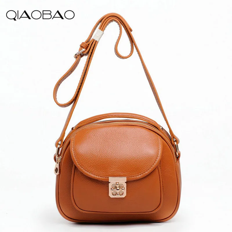 QIAOBAO Women 100% Cowhide Leather Design Crossbody Bag Girls With Lock Shoulder Bag Female Small Flap Fashion Handbag