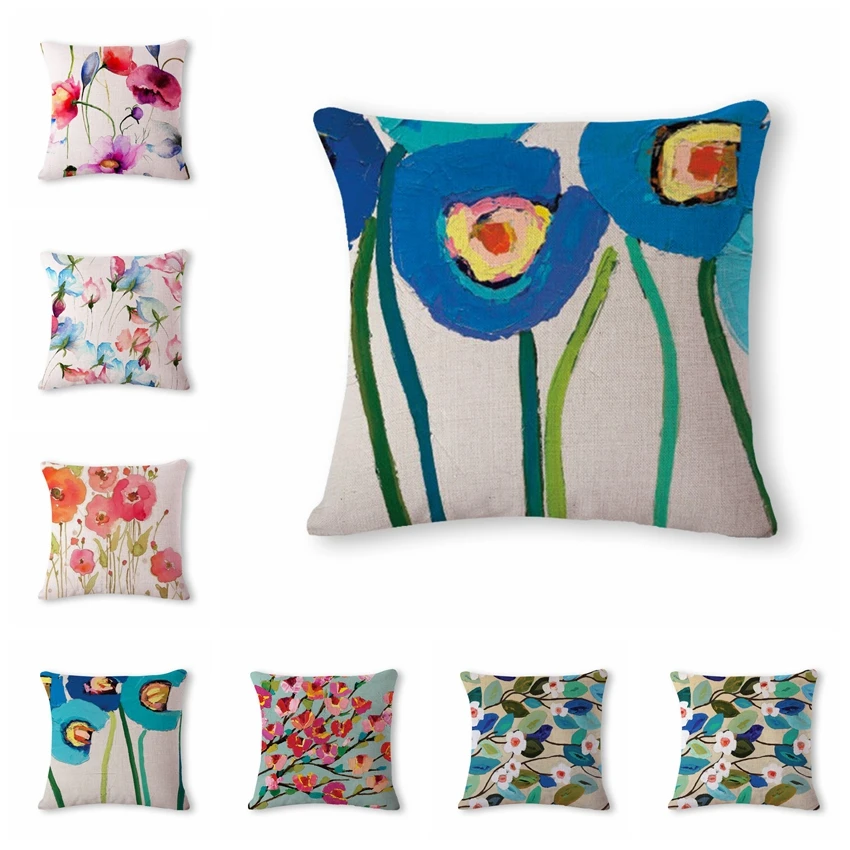 

Watercolor Oil Painting Flower Cushion Cover Print Linen Affection Car Seat Home Decorative Throw Pillow Case Housse De Coussin