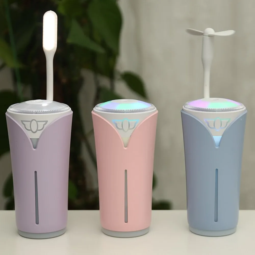 

3 In 1 280ML USB Charging Humidifier Portable Fan Air Humidifier Cup Essential Oil Aroma Diffuser Purier Colorful LED Light