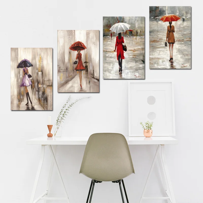 

Abstract City Street Landscape Umbrella Girl Figure Oil Painting on Canvas Poster and Print Wall Picture for Living Room Decor