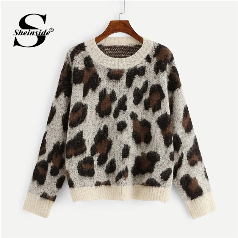 Sheinside Contrast Trim Leopard Sweater Women Casual Pullovers Female Knitted Jumper 2018 Autumn Long Sleeve Womens Sweaters