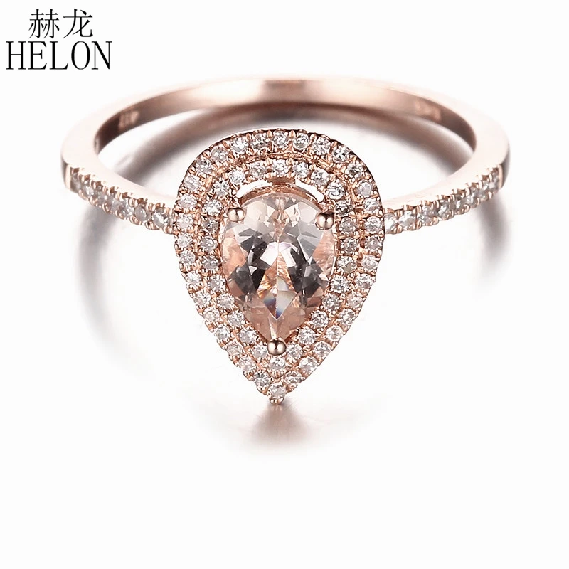 HELON Solid 14k Rose Gold Two Halos Natural Diamonds Engagement Wedding Ring 5x7mm Pear Morganite Ring Fine Jewelry Women HELON Solid 14k Rose Gold Two Halos Natural Diamonds Engagement Wedding Ring 5x7mm Pear Morganite Ring Fine Jewelry Women